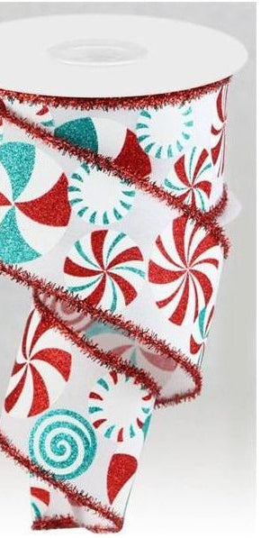 2.5" Bold Peppermint Tinsel Ribbon: White (10 Yards) - Michelle's aDOORable Creations - Wired Edge Ribbon