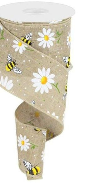 2.5" Bumble Bee Daisy Ribbon: Beige (10 Yards) - Michelle's aDOORable Creations - Wired Edge Ribbon