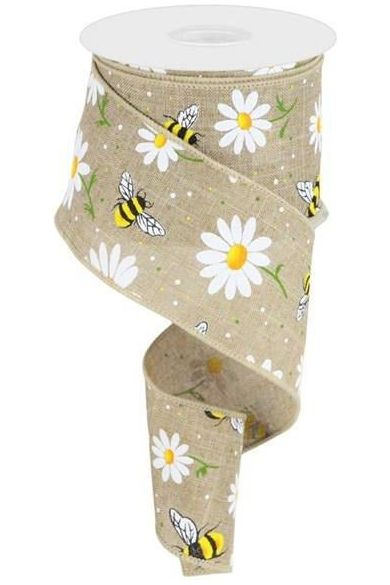 2.5" Bumble Bee Daisy Ribbon: Beige (10 Yards) - Michelle's aDOORable Creations - Wired Edge Ribbon