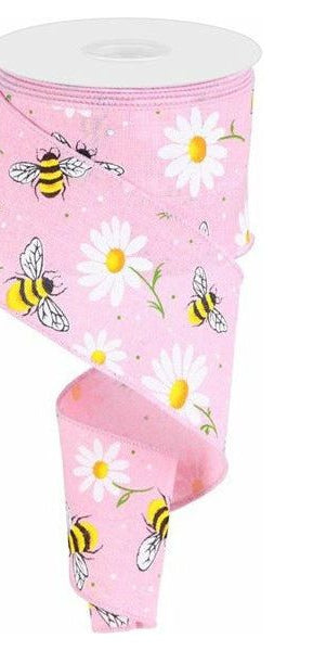 2.5" Bumble Bee Daisy Ribbon: Light Pink (10 Yards) - Michelle's aDOORable Creations - Wired Edge Ribbon
