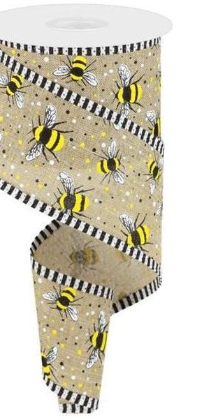 2.5" Bumble Bee Royal Stripe Ribbon: Beige (10 Yards) - Michelle's aDOORable Creations - Wired Edge Ribbon