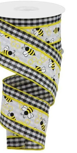 2.5" Bumblebees on Check Ribbon: Black & White (10 Yards) - Michelle's aDOORable Creations - Wired Edge Ribbon