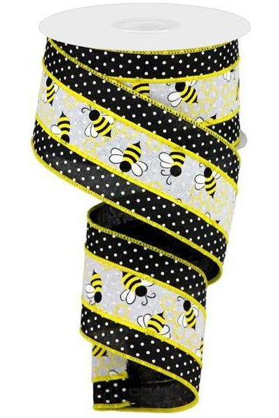 2.5" Bumblebees Swiss Dot Ribbon: Black & White (10 Yards) - Michelle's aDOORable Creations - Wired Edge Ribbon