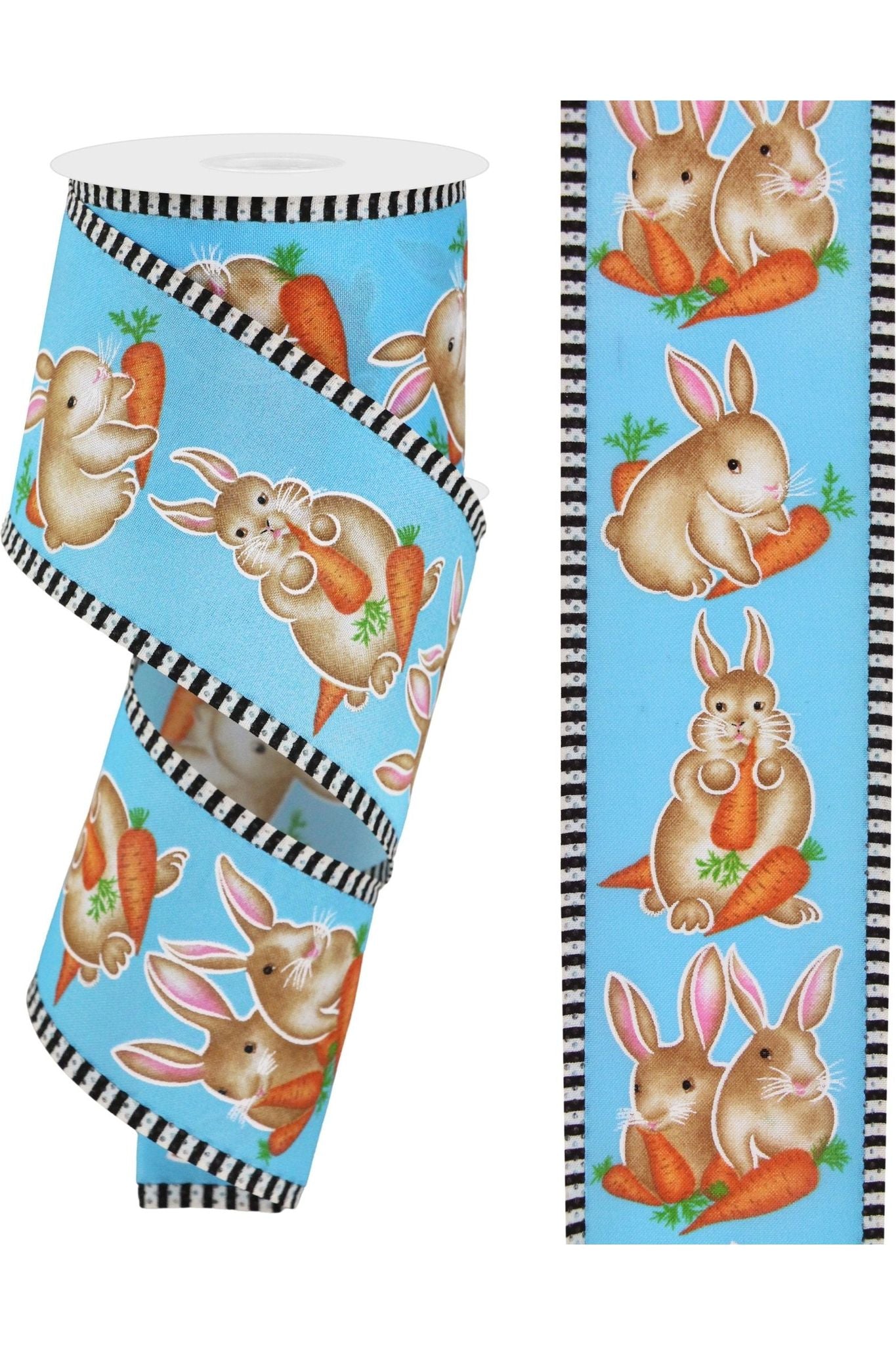 2.5" Bunnies Carrots Stripe Ribbon: Blue (10 Yards) - Michelle's aDOORable Creations - Wired Edge Ribbon