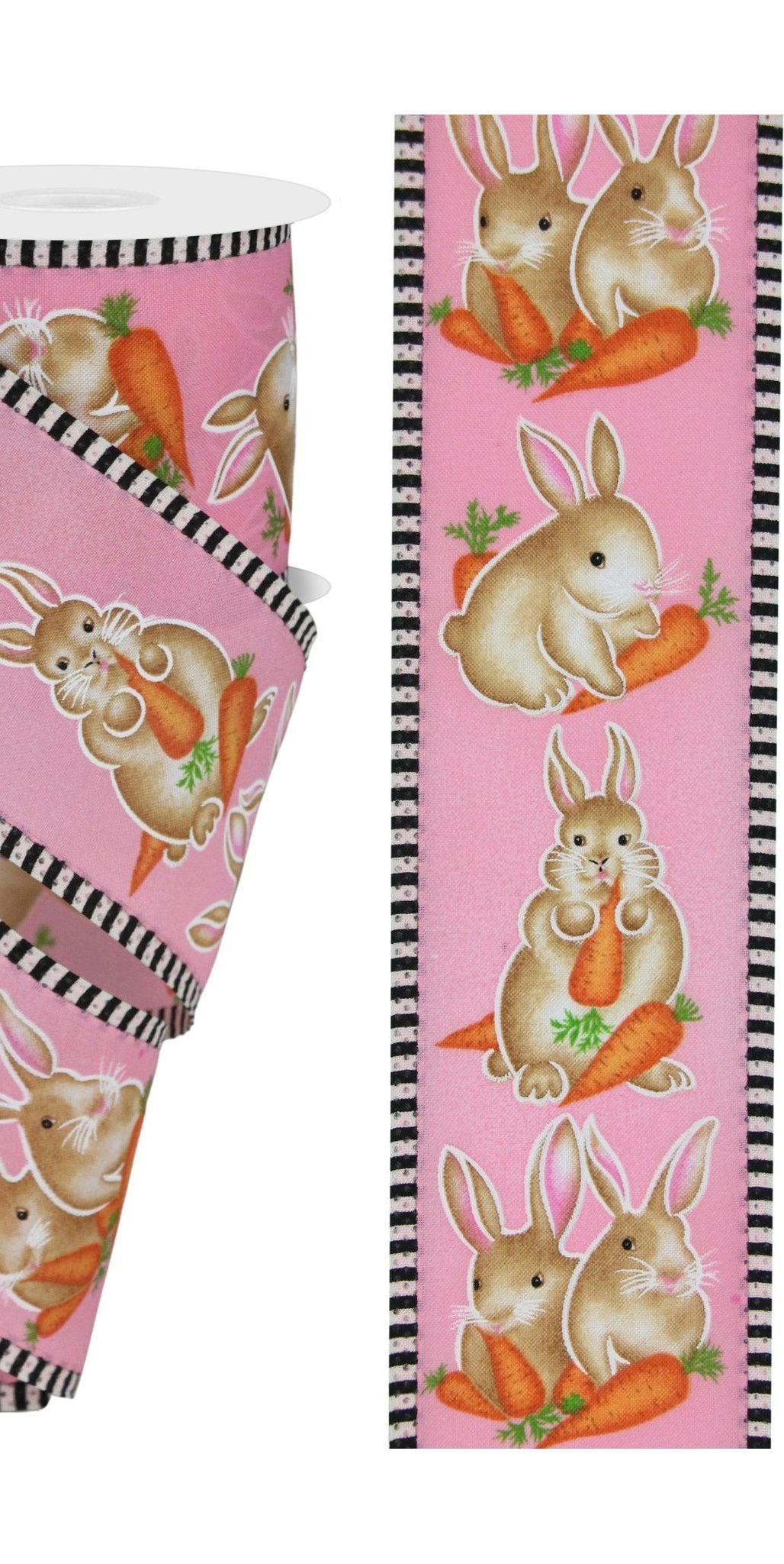 2.5" Bunnies Carrots Stripe Ribbon: Pink (10 Yards) - Michelle's aDOORable Creations - Wired Edge Ribbon