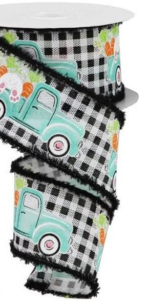 2.5" Bunny Carrots Truck Gingham Drift Edge Ribbon: Black (10 Yards) - Michelle's aDOORable Creations - Wired Edge Ribbon