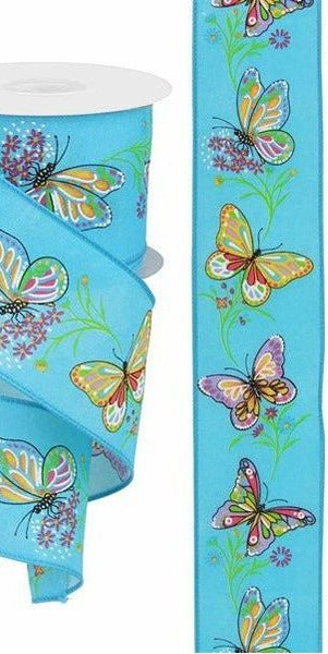 2.5" Butterfly Branch Ribbon: Blue (10 Yards) - Michelle's aDOORable Creations - Wired Edge Ribbon
