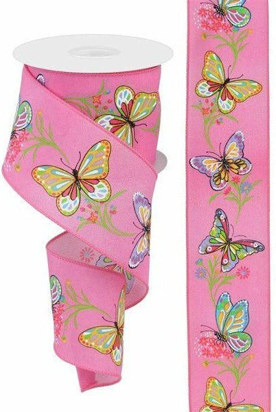 2.5" Butterfly Branch Ribbon: Pink (10 Yards) - Michelle's aDOORable Creations - Wired Edge Ribbon