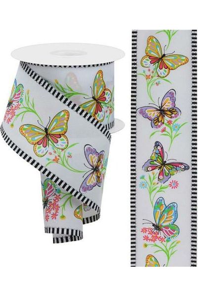 2.5" Butterfly Branch Stripe Ribbon: White (10 Yards) - Michelle's aDOORable Creations - Wired Edge Ribbon