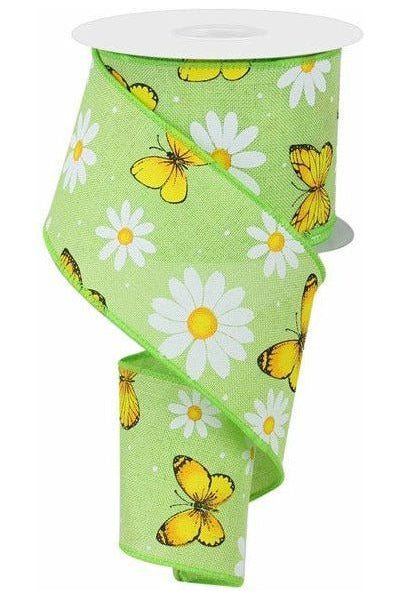 2.5" Butterfly Daisy on Royal Ribbon: Bright Green (10 Yards) - Michelle's aDOORable Creations - Wired Edge Ribbon