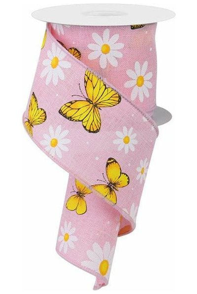 2.5" Butterfly Daisy on Royal Ribbon: Light Pink (10 Yards) - Michelle's aDOORable Creations - Wired Edge Ribbon