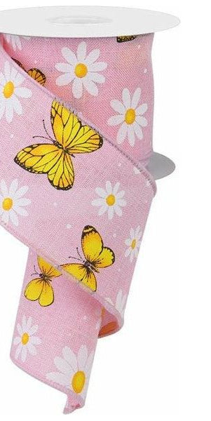 2.5" Butterfly Daisy on Royal Ribbon: Light Pink (10 Yards) - Michelle's aDOORable Creations - Wired Edge Ribbon