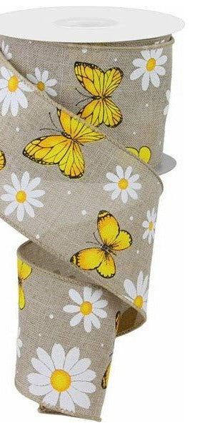 2.5" Butterfly Daisy on Royal Ribbon: Natural (10 Yards) - Michelle's aDOORable Creations - Wired Edge Ribbon