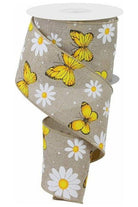 2.5" Butterfly Daisy on Royal Ribbon: Natural (10 Yards) - Michelle's aDOORable Creations - Wired Edge Ribbon