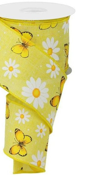 2.5" Butterfly Daisy on Royal Ribbon: Yellow (10 Yards) - Michelle's aDOORable Creations - Wired Edge Ribbon