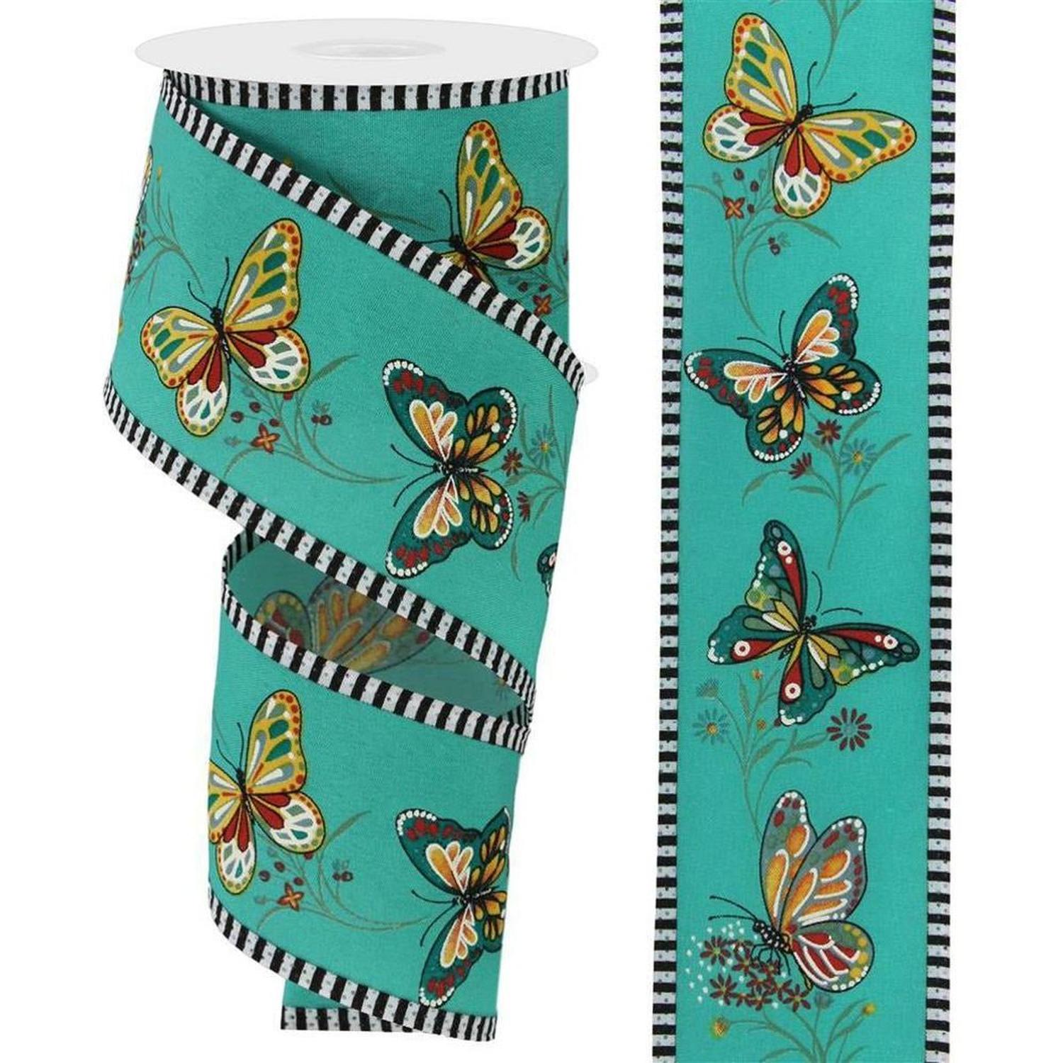 2.5" Butterfly Stripe Edge Ribbon: Light Teal (10 Yards)