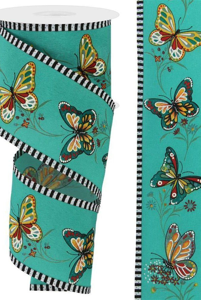 2.5" Butterfly Stripe Edge Ribbon: Light Teal (10 Yards) - Michelle's aDOORable Creations - Wired Edge Ribbon