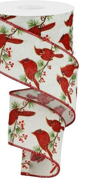 2.5" Cardinal Branch on Royal Ribbon: White (10 Yards) - Michelle's aDOORable Creations - Wired Edge Ribbon