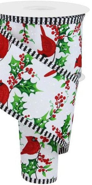 2.5" Cardinal Holly Berry Stripe Edge Ribbon: White (10 Yards) - Michelle's aDOORable Creations - Wired Edge Ribbon