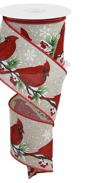 2.5" Cardinals On Tree Branch Ribbon: Lt Natural (10 Yards) - Michelle's aDOORable Creations - Wired Edge Ribbon