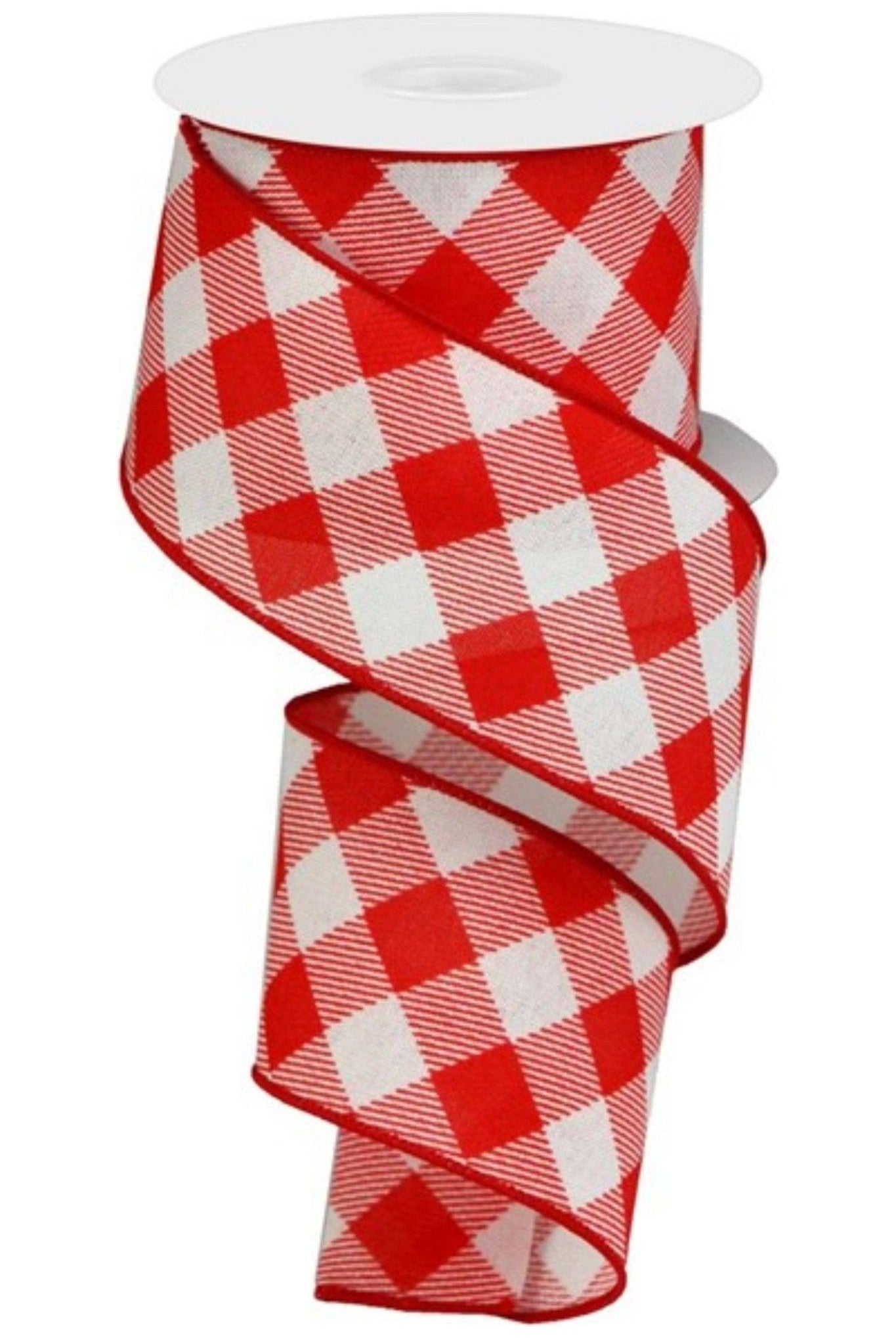 2.5" Check and Diagonal Stripe Royal Ribbon: Red (10 Yards) - Michelle's aDOORable Creations - Wired Edge Ribbon