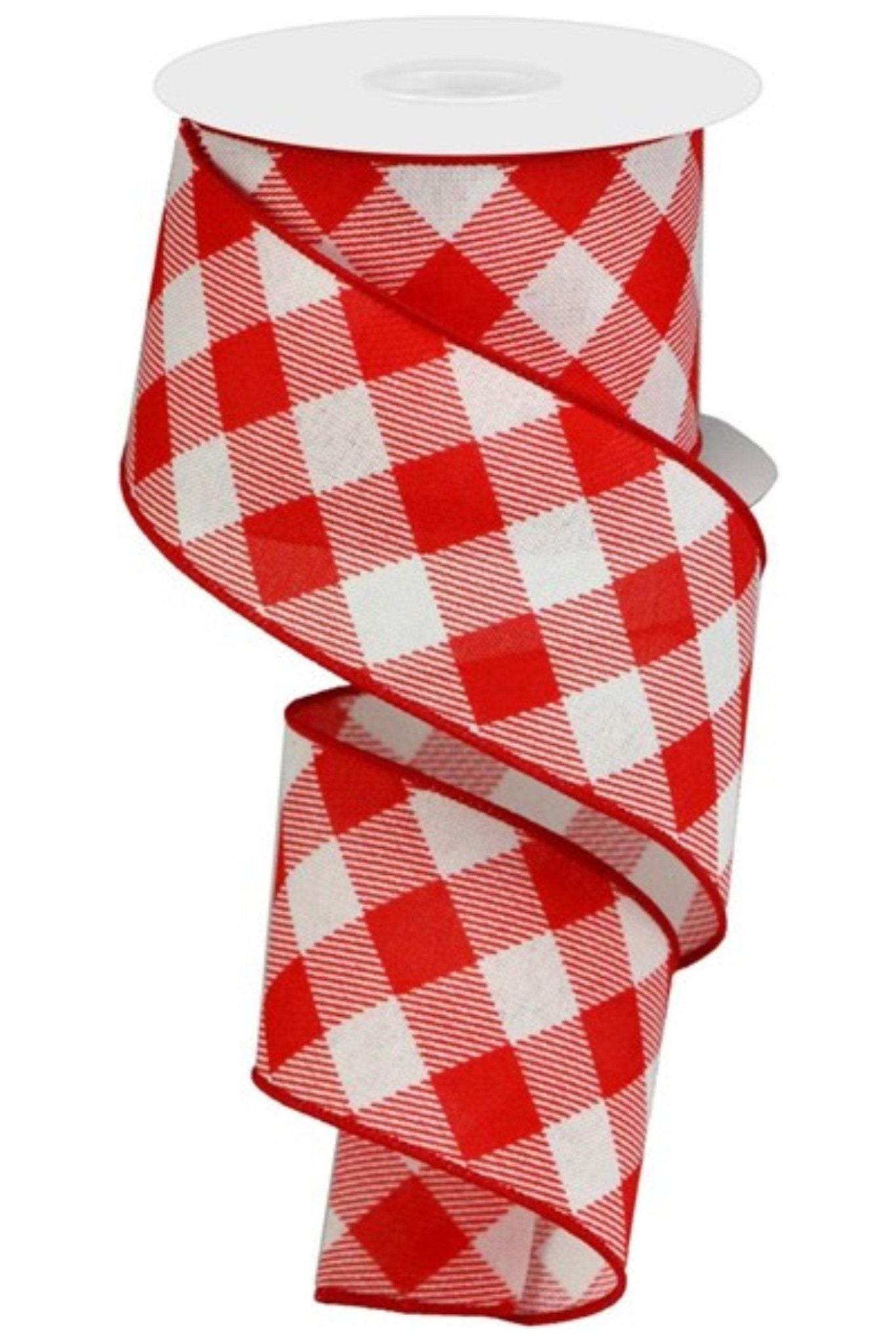 2.5" Check and Diagonal Stripe Royal Ribbon: Red (10 Yards) - Michelle's aDOORable Creations - Wired Edge Ribbon
