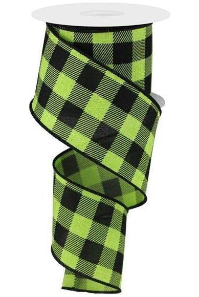 2.5" Checked Plaid Ribbon: Lime Green & Black (10 Yards) - Michelle's aDOORable Creations - Wired Edge Ribbon