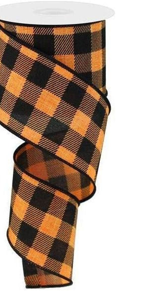 2.5" Checked Plaid Ribbon: Orange & Black (10 Yards) - Michelle's aDOORable Creations - Wired Edge Ribbon