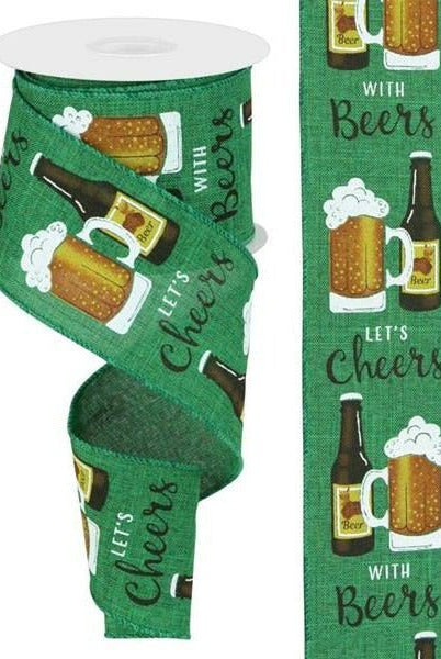 2.5" Cheers With Beers Ribbon: Emerald Green (10 Yards) - Michelle's aDOORable Creations - Wired Edge Ribbon