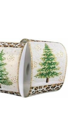 2.5" Christmas Tree Leopard Stripe Ribbon: Ivory (10 Yards) - Michelle's aDOORable Creations - Wired Edge Ribbon