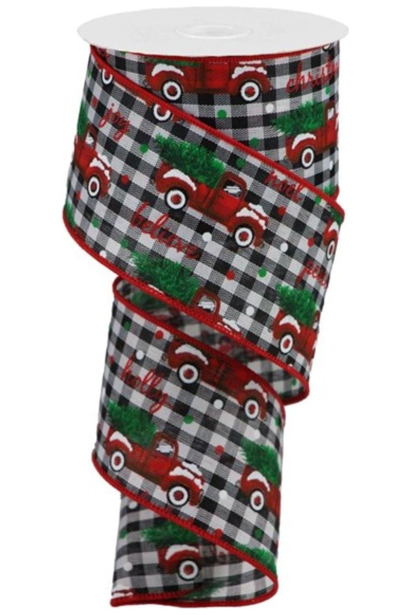 Shop For 2.5" Christmas Trucks Checked Ribbon: Black/White (10 Yards) at Michelle's aDOORable Creations