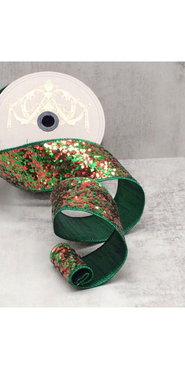 2.5" Cirque Glitter Ribbon: Emerald Green/Red (10 Yards) - Michelle's aDOORable Creations - Wired Edge Ribbon