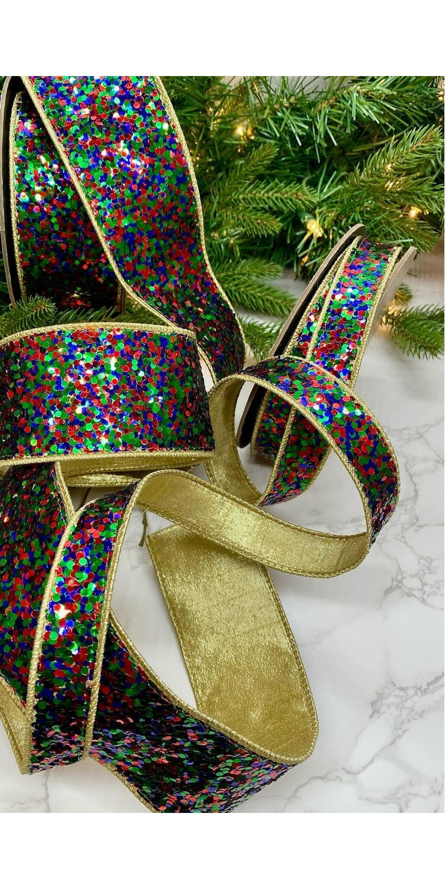 2.5" Cirque Glitter Ribbon: Emerald Green/Red/Blue (10 Yards) - Michelle's aDOORable Creations - Wired Edge Ribbon