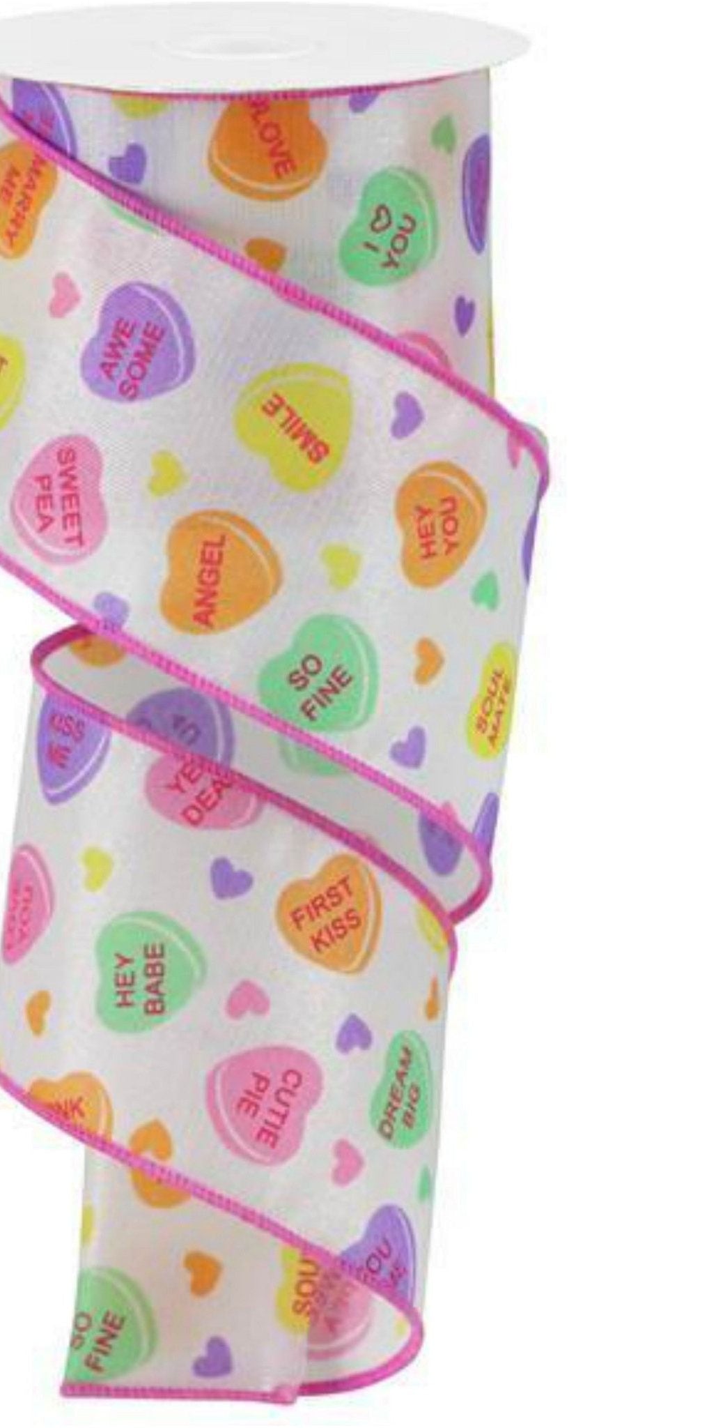 2.5" Conversation Hearts Ribbon: Satin (10 Yards) - Michelle's aDOORable Creations - Wired Edge Ribbon