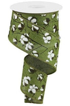 2.5" Cotton Pod Ribbon: Moss Green & White (10 Yards) - Michelle's aDOORable Creations - Wired Edge Ribbon