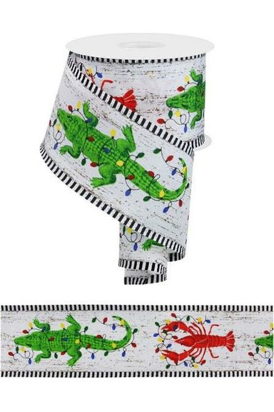 2.5" Crawfish Alligator Stripe Ribbon: White (10 Yards) - Michelle's aDOORable Creations - Wired Edge Ribbon