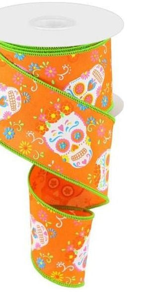 2.5" Day of the Dead Ribbon: Orange (10 Yards) - Michelle's aDOORable Creations - Wired Edge Ribbon