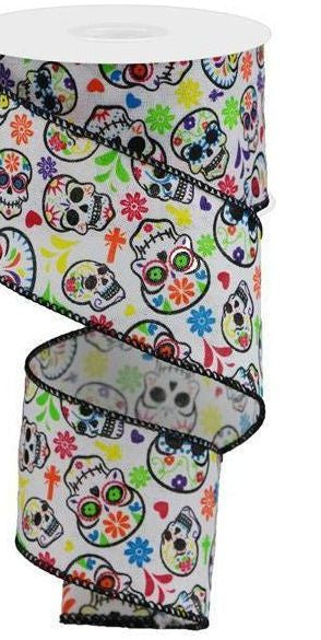 2.5" Day of the Dead Ribbon: White (10 Yards) - Michelle's aDOORable Creations - Wired Edge Ribbon