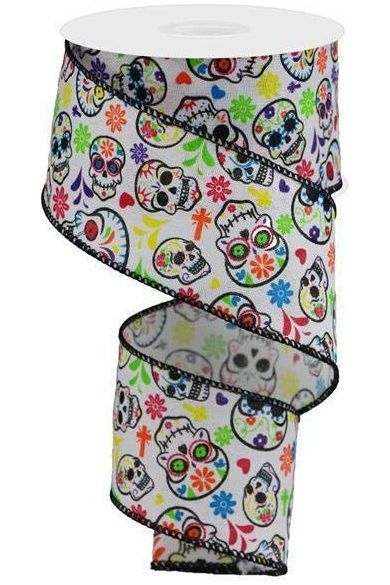 2.5" Day of the Dead Ribbon: White (10 Yards) - Michelle's aDOORable Creations - Wired Edge Ribbon