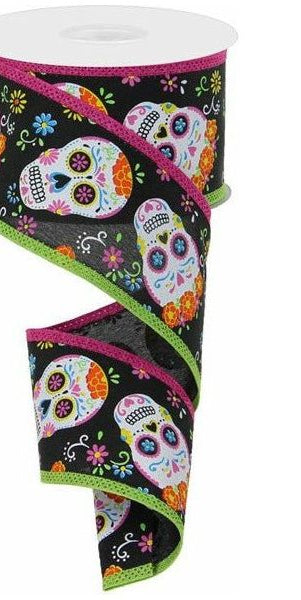 2.5" Day of the Dead Royal Ribbon: Black (10 Yards) - Michelle's aDOORable Creations - Wired Edge Ribbon