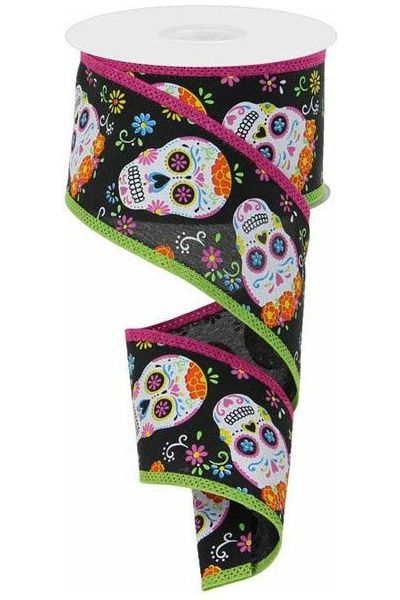 2.5" Day of the Dead Royal Ribbon: Black (10 Yards) - Michelle's aDOORable Creations - Wired Edge Ribbon