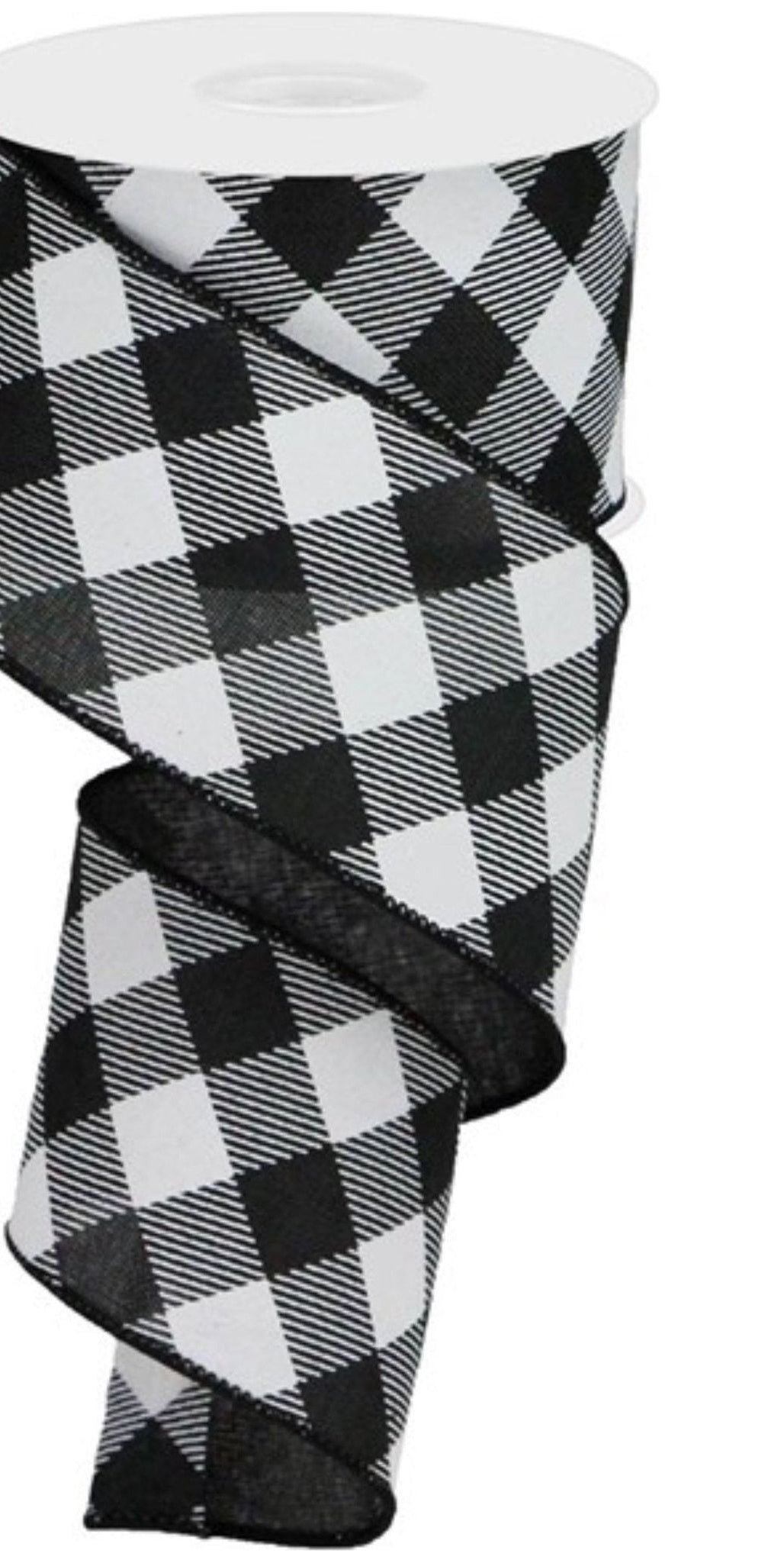 2.5" Diagonal Check On Royal Ribbon: Black & White (10 Yards) - Michelle's aDOORable Creations - Wired Edge Ribbon