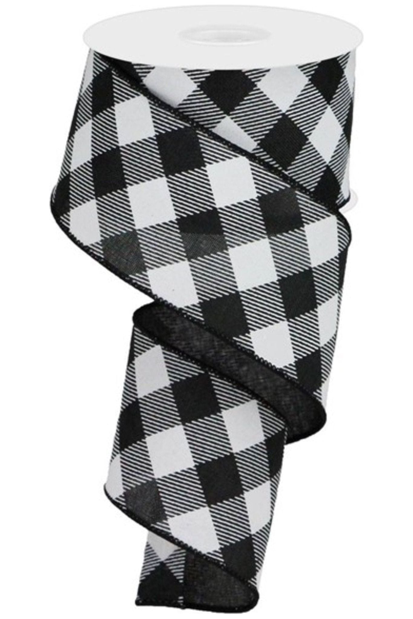 2.5" Diagonal Check On Royal Ribbon: Black & White (10 Yards) - Michelle's aDOORable Creations - Wired Edge Ribbon