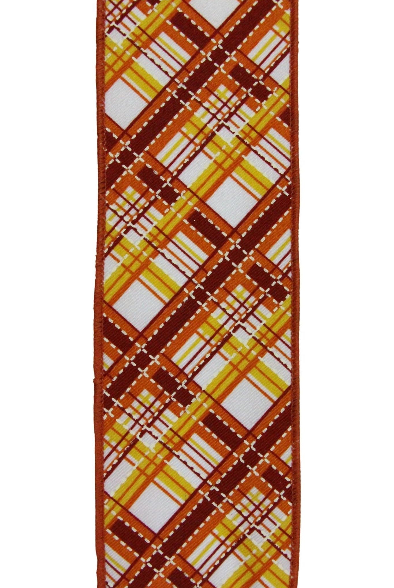 2.5" Diagonal Dash Plaid: Brown/Orange (10 Yard) - Michelle's aDOORable Creations - Wired Edge Ribbon