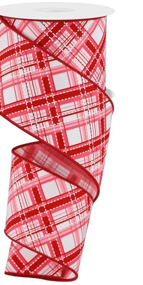 2.5" Diagonal Dash Plaid: Pink/Red (10 Yard) - Michelle's aDOORable Creations - Wired Edge Ribbon