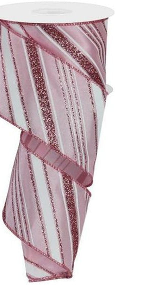 2.5" Diagonal Line Glitter Ribbon: Pink (10 Yards) - Michelle's aDOORable Creations - Wired Edge Ribbon