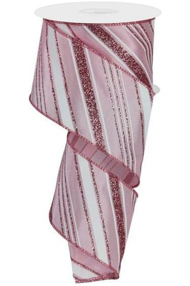 2.5" Diagonal Line Glitter Ribbon: Pink (10 Yards) - Michelle's aDOORable Creations - Wired Edge Ribbon