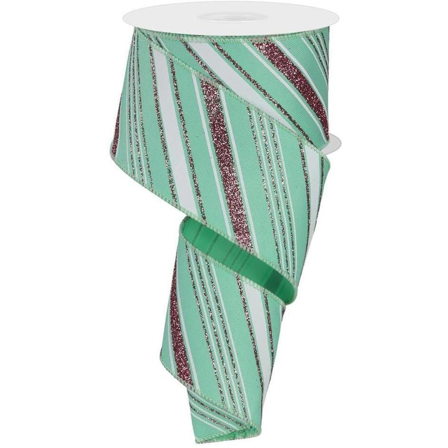 2.5" Diagonal Line Ribbon: Mint Green (10 Yards)