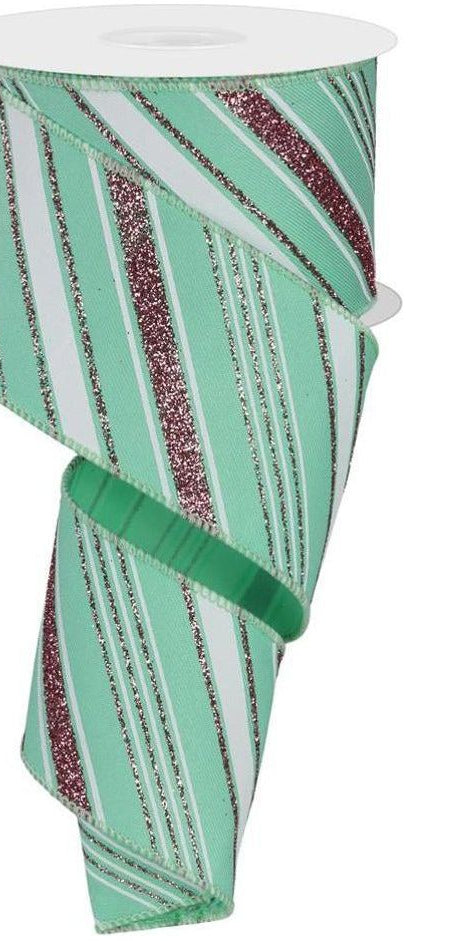 2.5" Diagonal Line Ribbon: Mint Green (10 Yards) - Michelle's aDOORable Creations - Wired Edge Ribbon