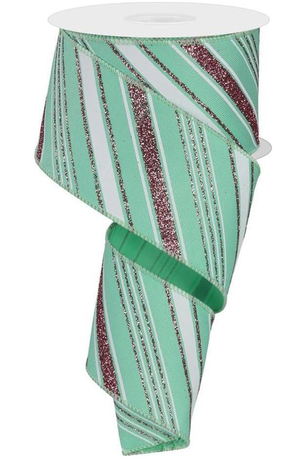 2.5" Diagonal Line Ribbon: Mint Green (10 Yards) - Michelle's aDOORable Creations - Wired Edge Ribbon